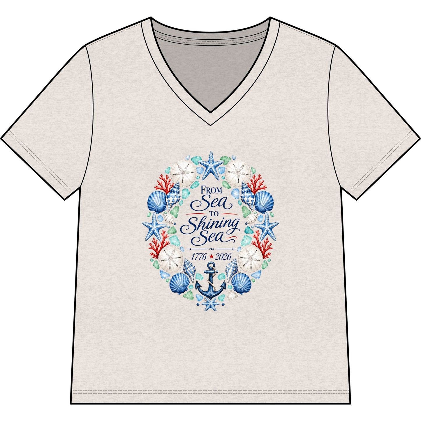 America 250 From Sea to Shining Sea V-Neck Tee — Nautical Patriotic Women's Shirt