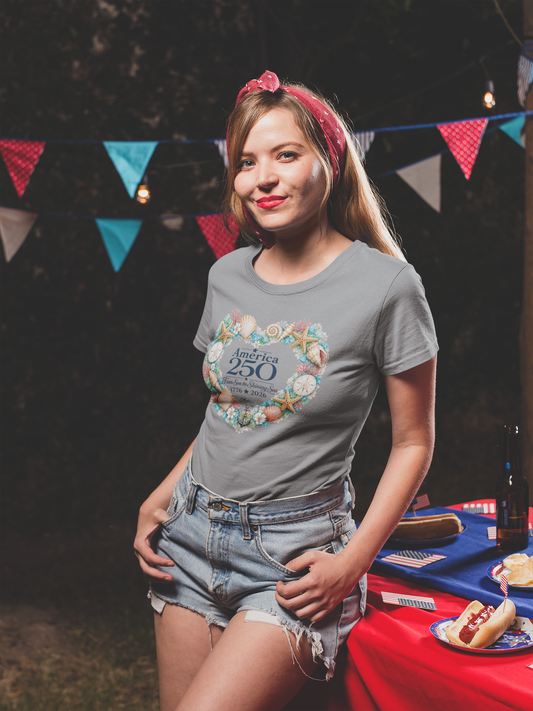 America 250 Coastal Heart Wreath V-Neck T-Shirt | Bella+Canvas Patriotic Women's Tee