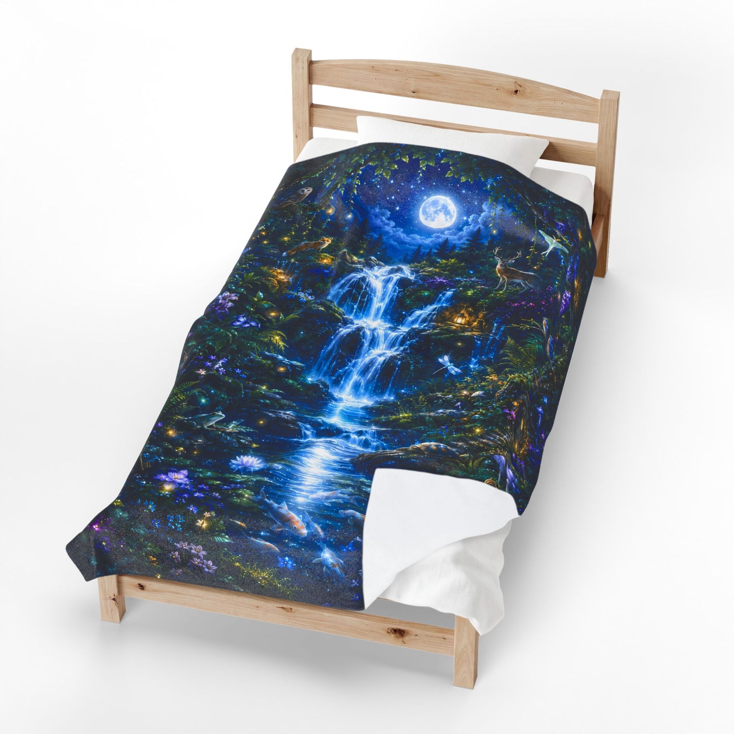 Mystical Moonlit Waterfall Nest Velveteen Plush Blanket