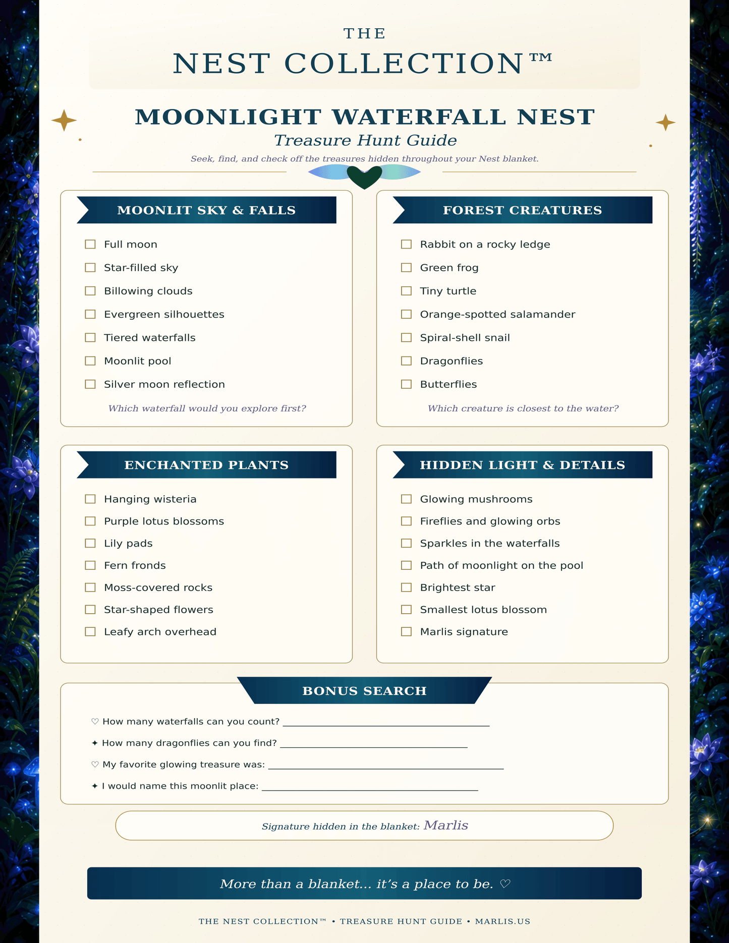 Moonlight Waterfall Nest — Oversized Immersive Seek-and-Find Blanket