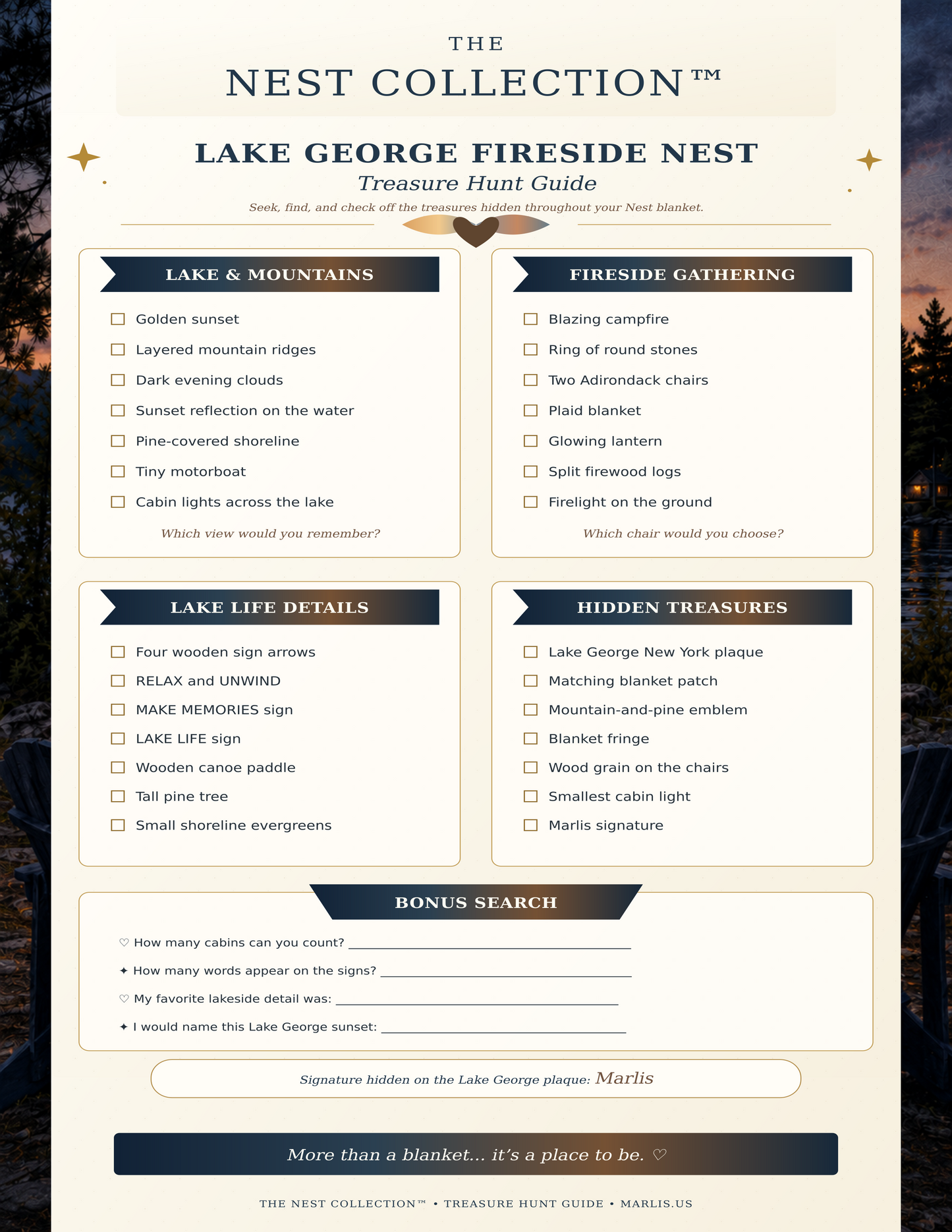 Lake George Fireside Nest — Oversized Immersive Seek-and-Find Blanket