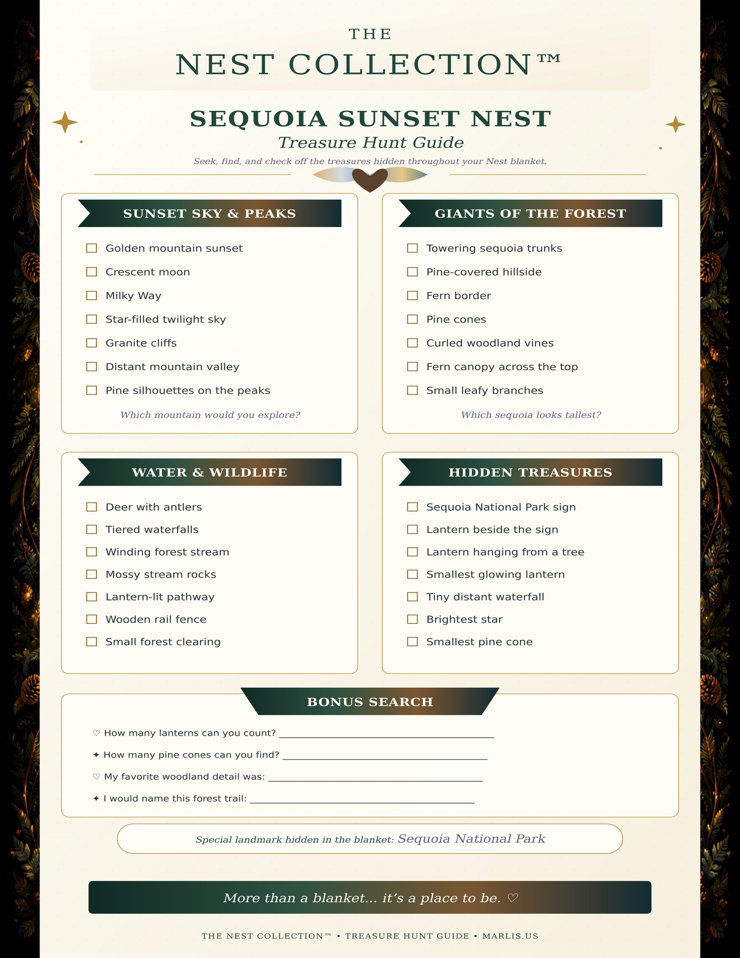 Sequoia Sunset Nest — Oversized Immersive Seek-and-Find Blanket