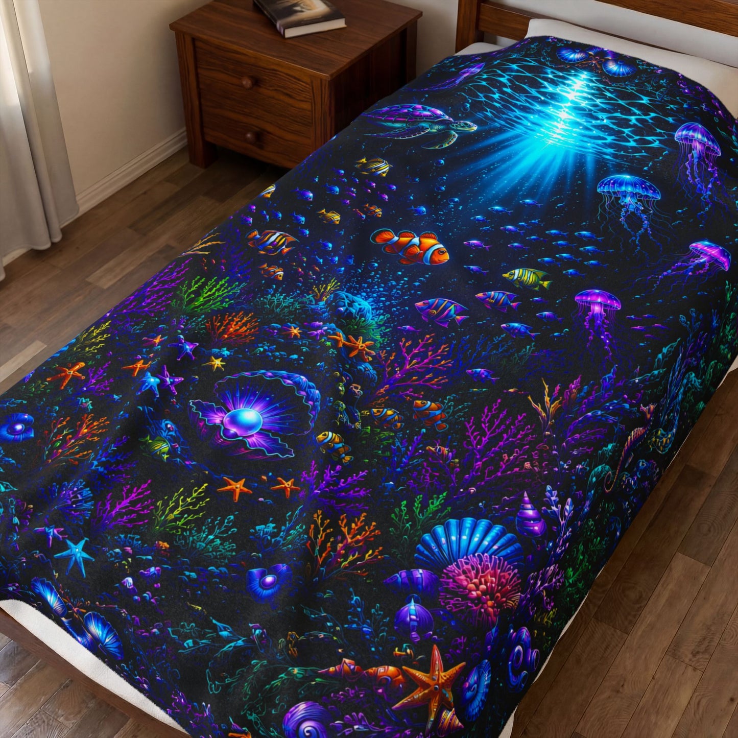 Oceanic Glow Nest Velveteen Plush Blanket — Underwater Jellyfish Reef Throw