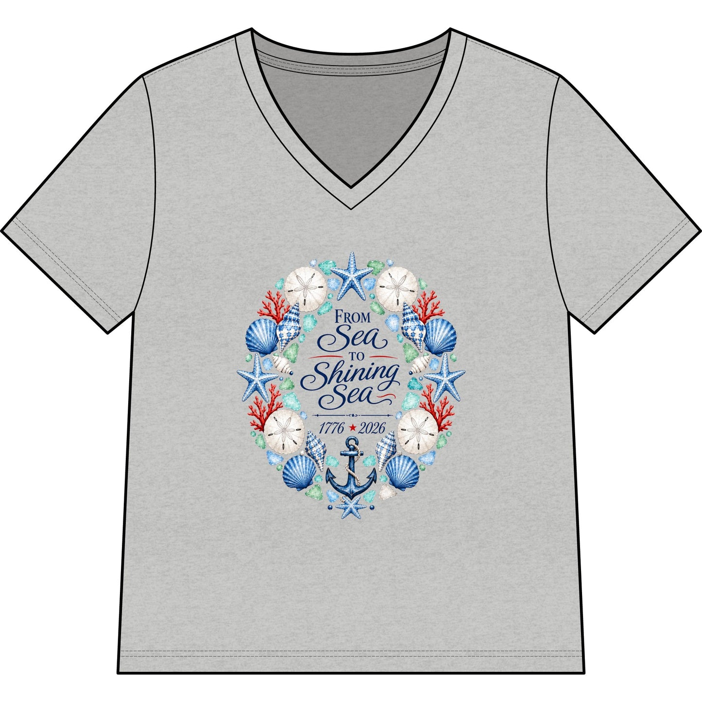 America 250 From Sea to Shining Sea V-Neck Tee — Nautical Patriotic Women's Shirt
