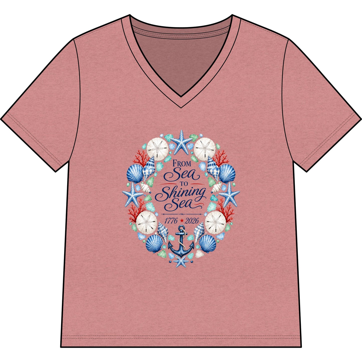 America 250 From Sea to Shining Sea V-Neck Tee — Nautical Patriotic Women's Shirt