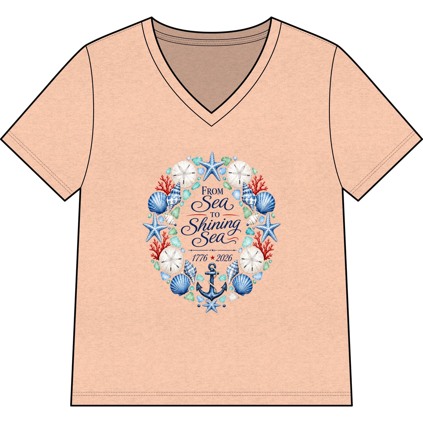 America 250 From Sea to Shining Sea V-Neck Tee — Nautical Patriotic Women's Shirt