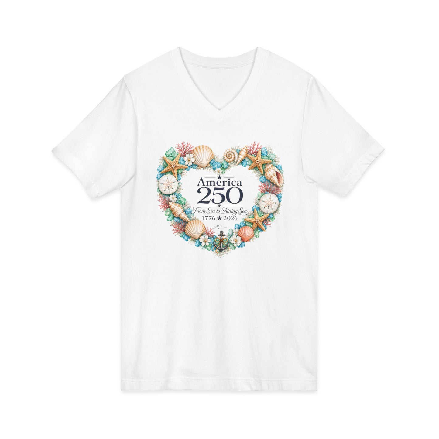 America 250 Coastal Heart Wreath V-Neck T-Shirt | Bella+Canvas Patriotic Women's Tee