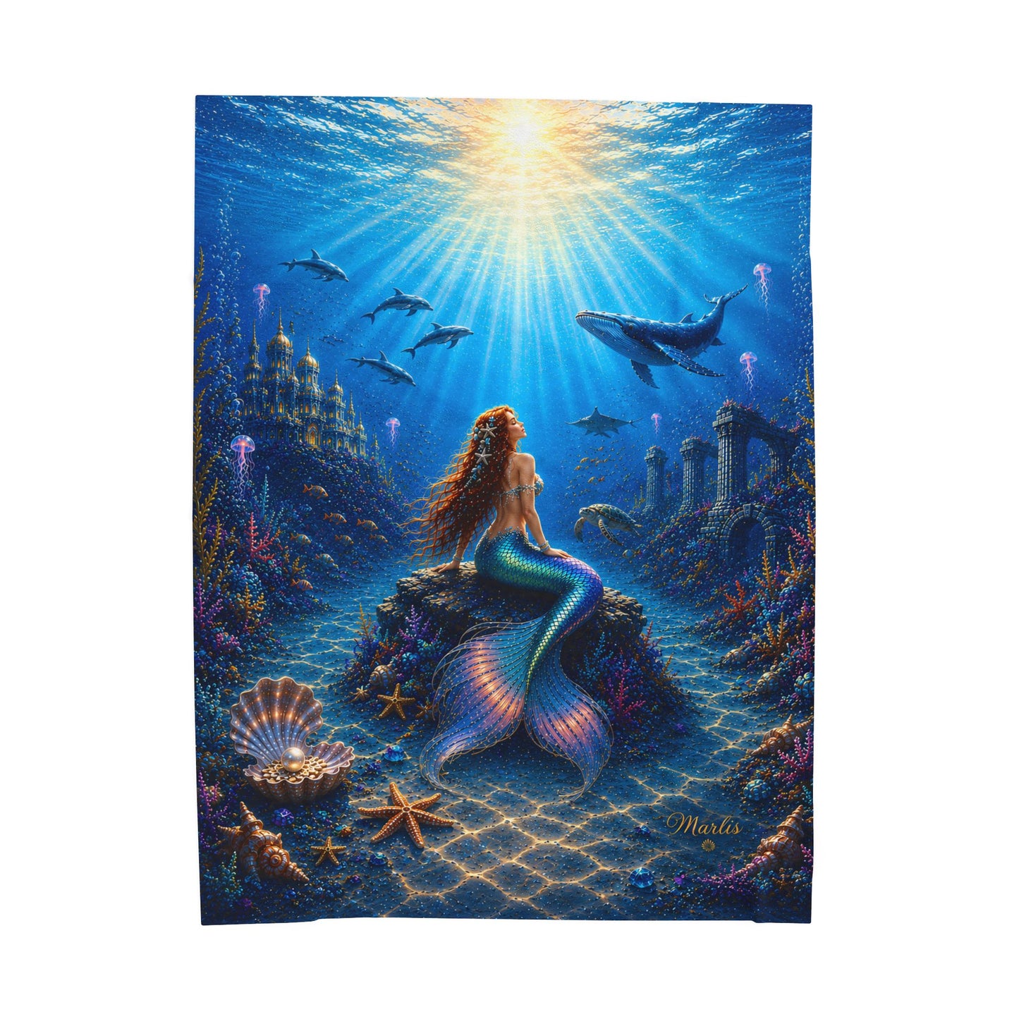 Fire Mermaid Undersea Velveteen Plush Blanket — Sunlit Ocean Fantasy Throw