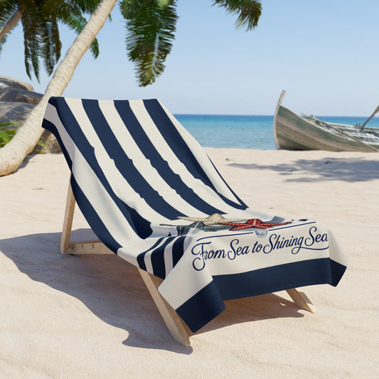 Red, White & Blue Starfish Blue Stripe Beach Towel