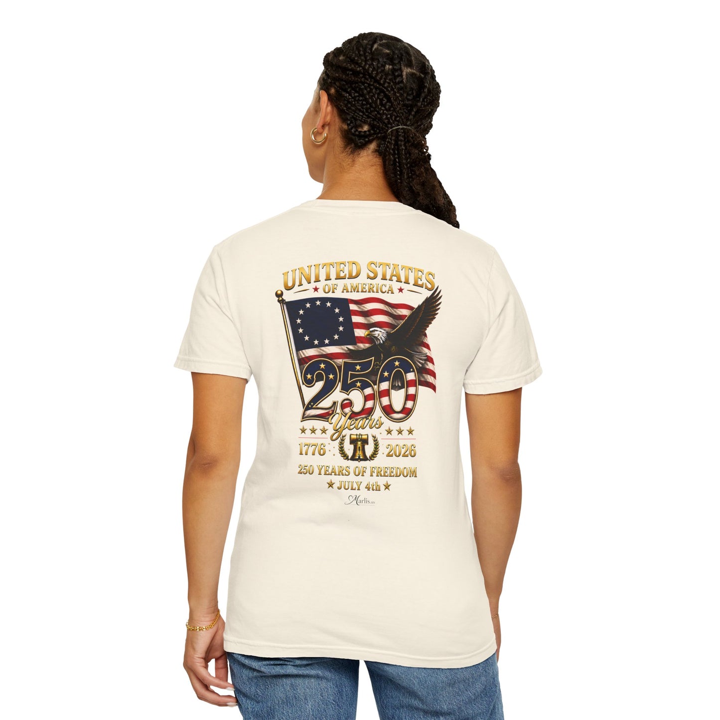 America 250 Betsy Ross Flag Back & Chest Design 1776-2026