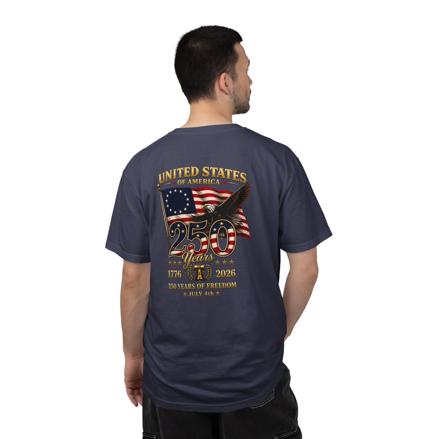 Betsy Ross Flag America 250 Years of Freedom Back & Left Chest Design Tee