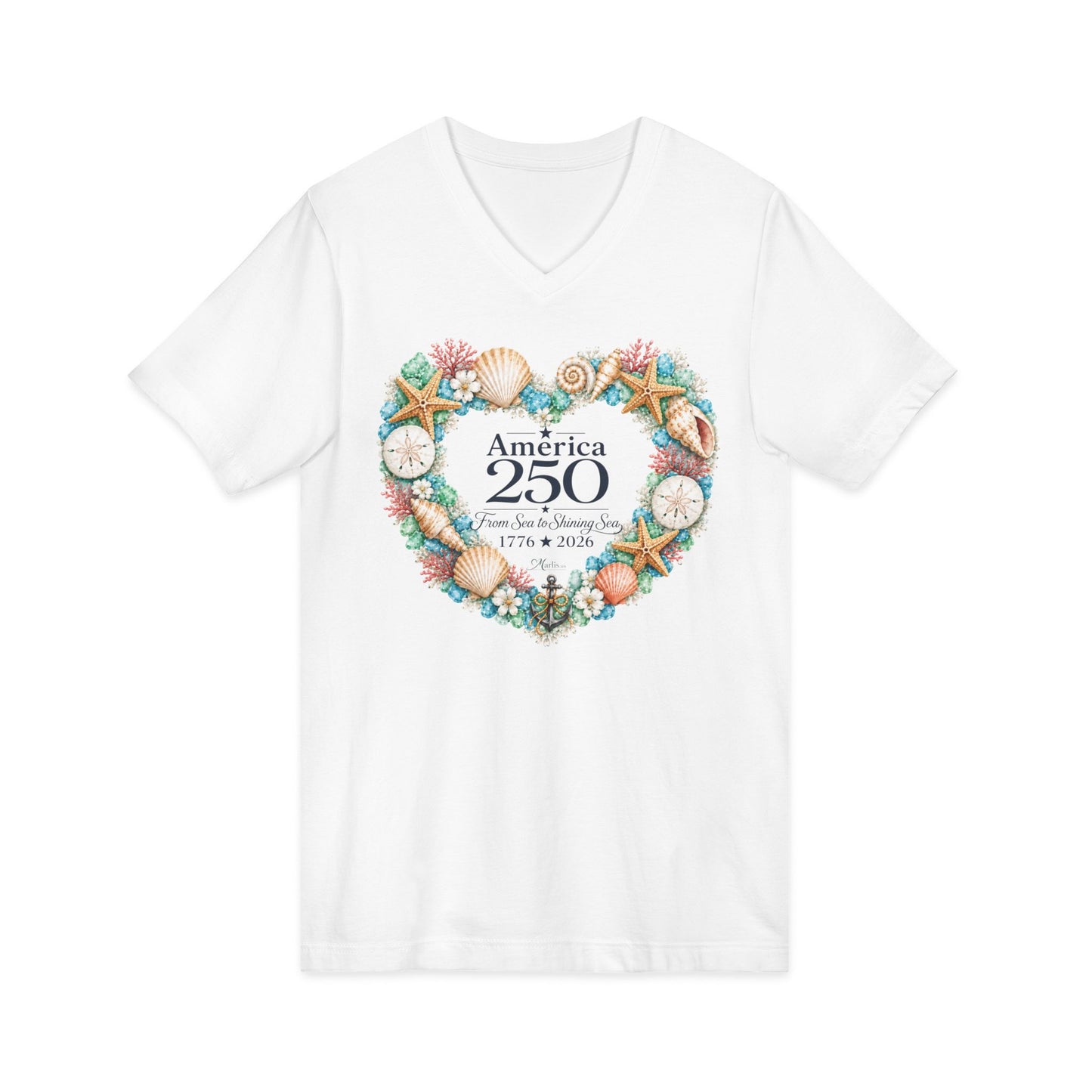 America 250 Coastal Heart Wreath V-Neck T-Shirt | Bella+Canvas Patriotic Women's Tee