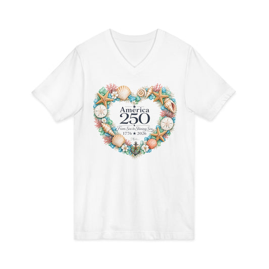 America 250 Coastal Heart Wreath V-Neck T-Shirt | Bella+Canvas Patriotic Women's Tee