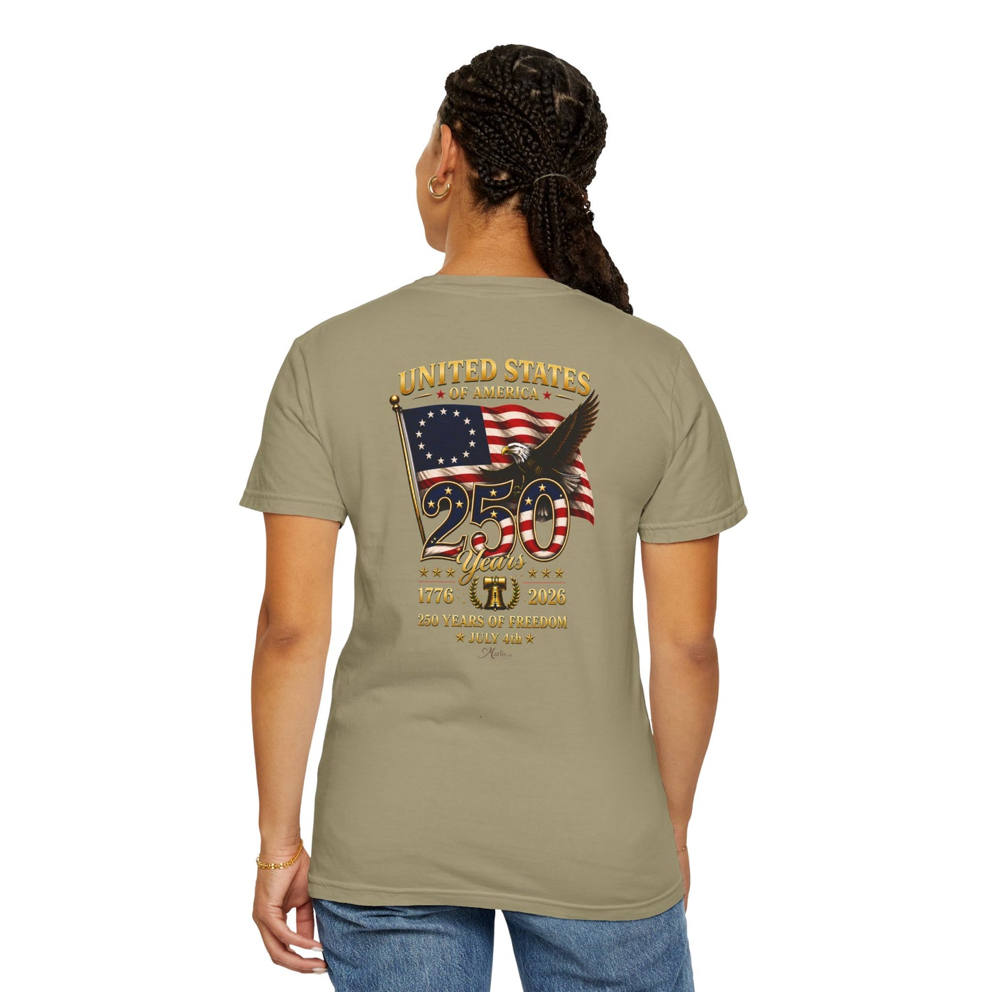 Betsy Ross Flag America 250 Years of Freedom Back & Left Chest Design Tee