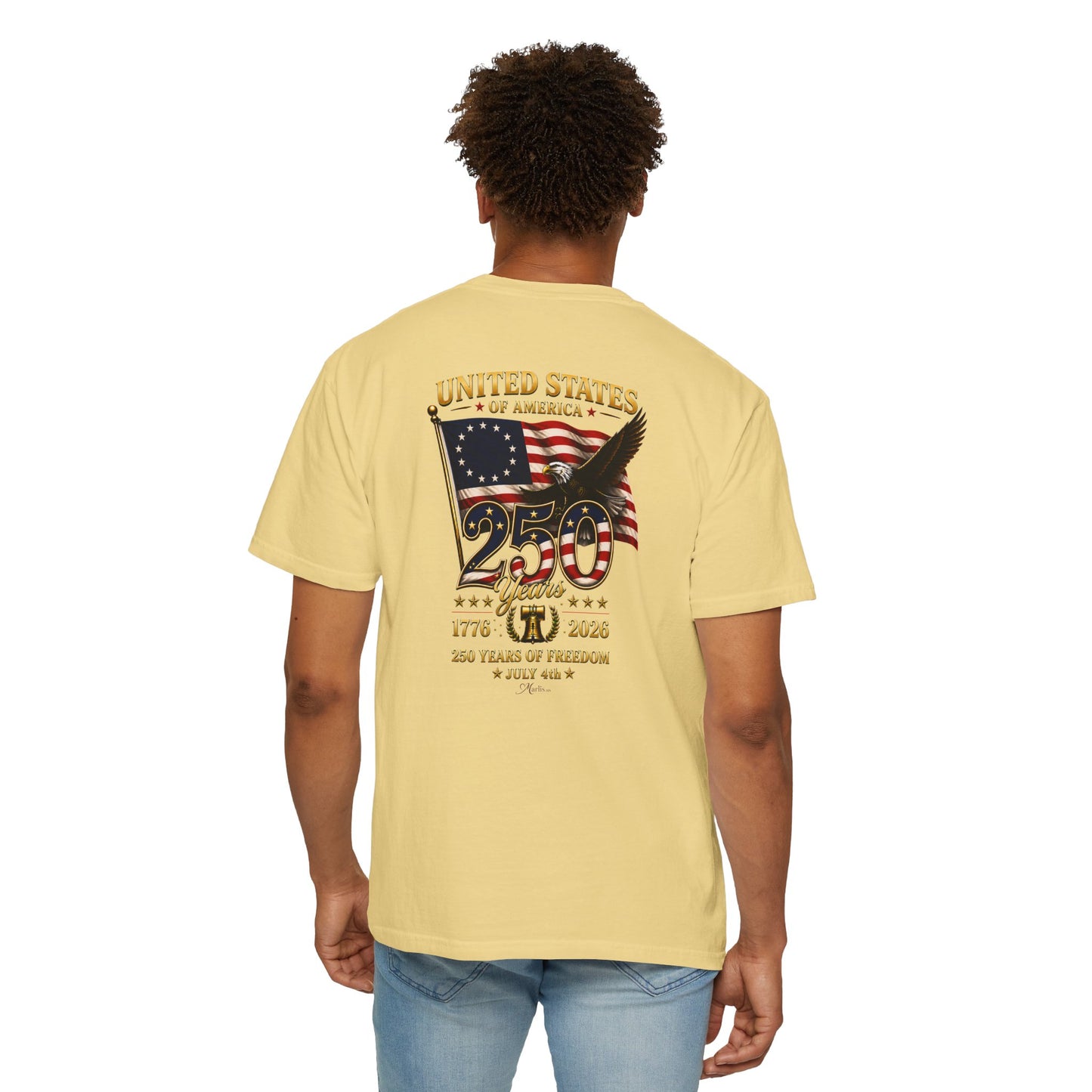 Betsy Ross Flag America 250 Years of Freedom Back & Left Chest Design Tee