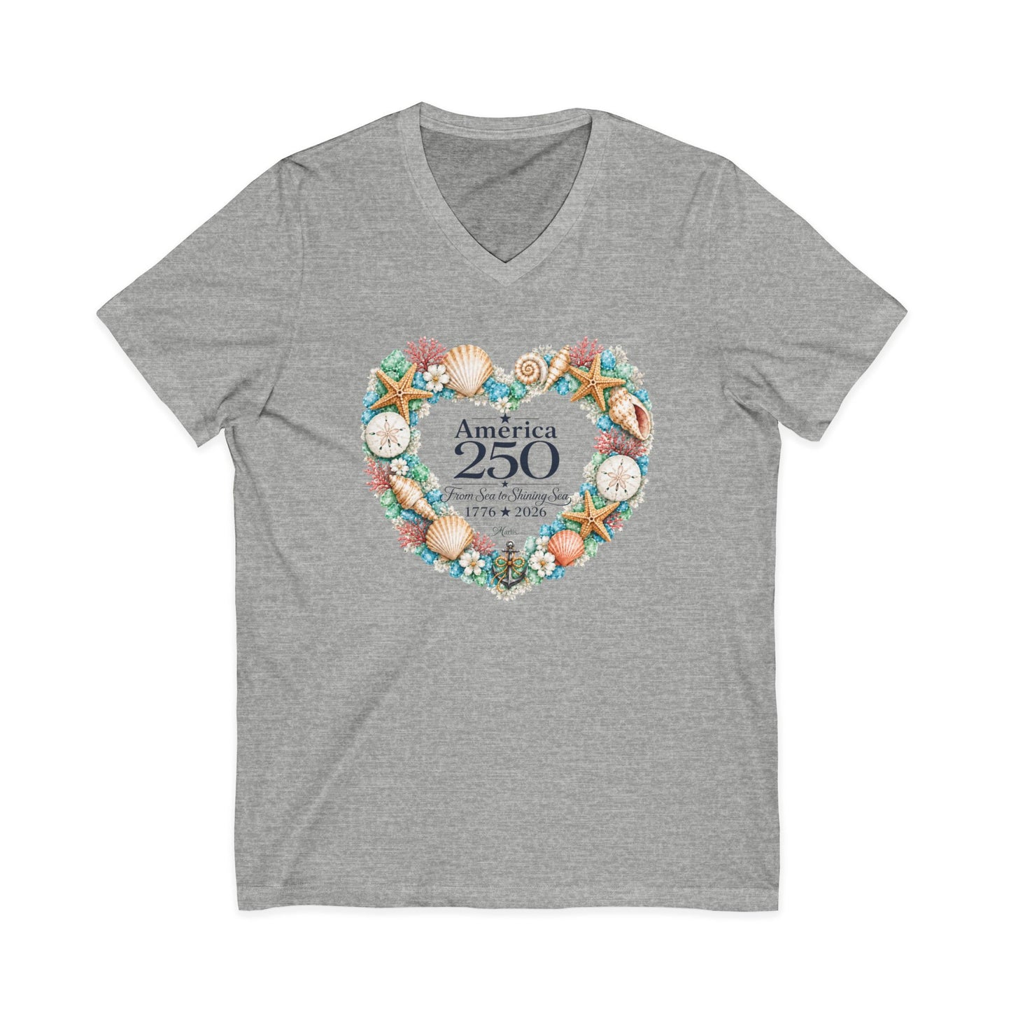 America 250 Coastal Heart Wreath V-Neck T-Shirt | Bella+Canvas Patriotic Women's Tee