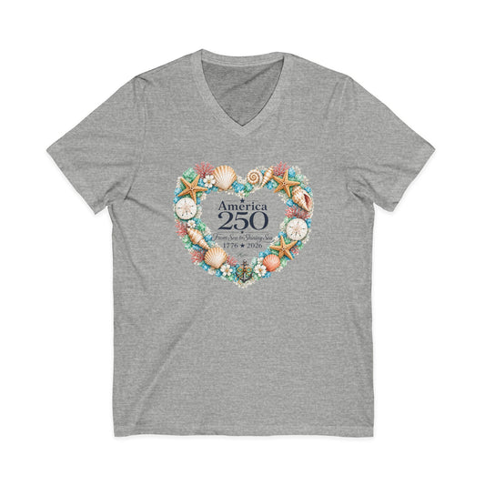 America 250 Coastal Heart Wreath V-Neck T-Shirt | Bella+Canvas Patriotic Women's Tee