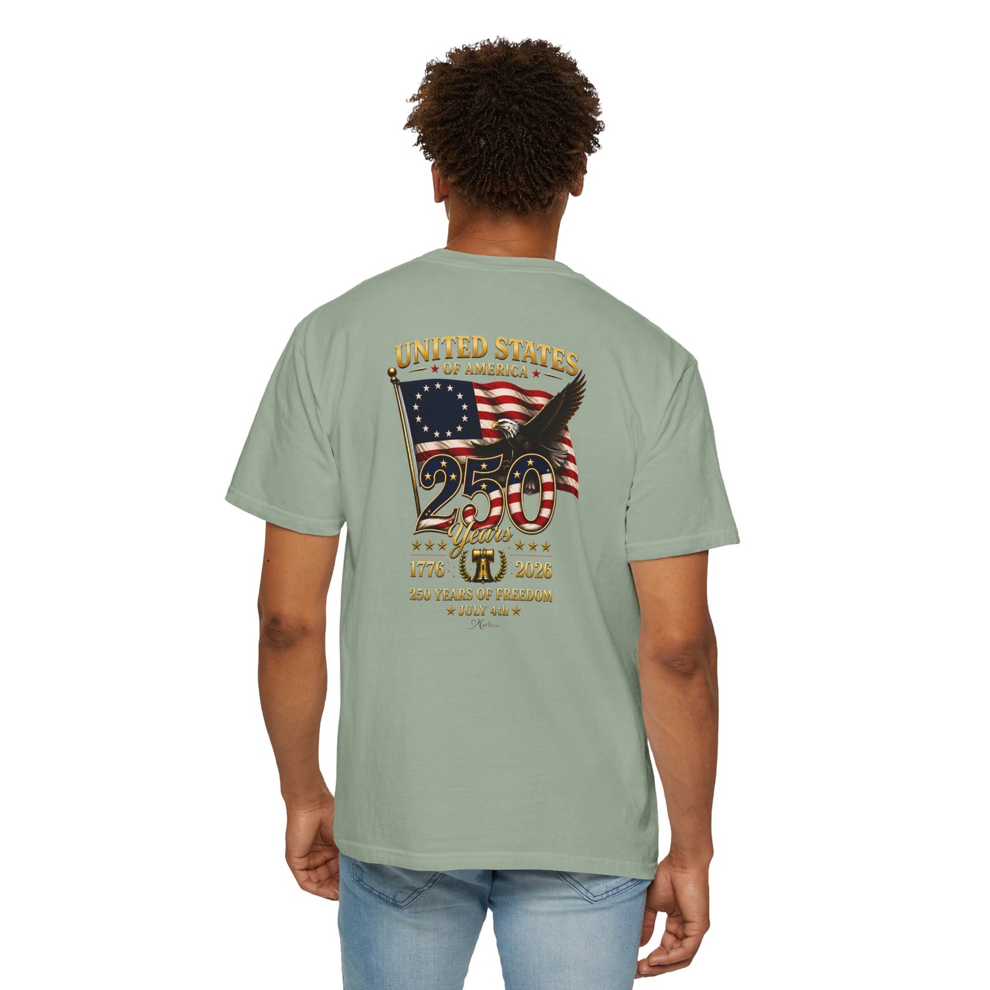 Betsy Ross Flag America 250 Years of Freedom Back & Left Chest Design Tee