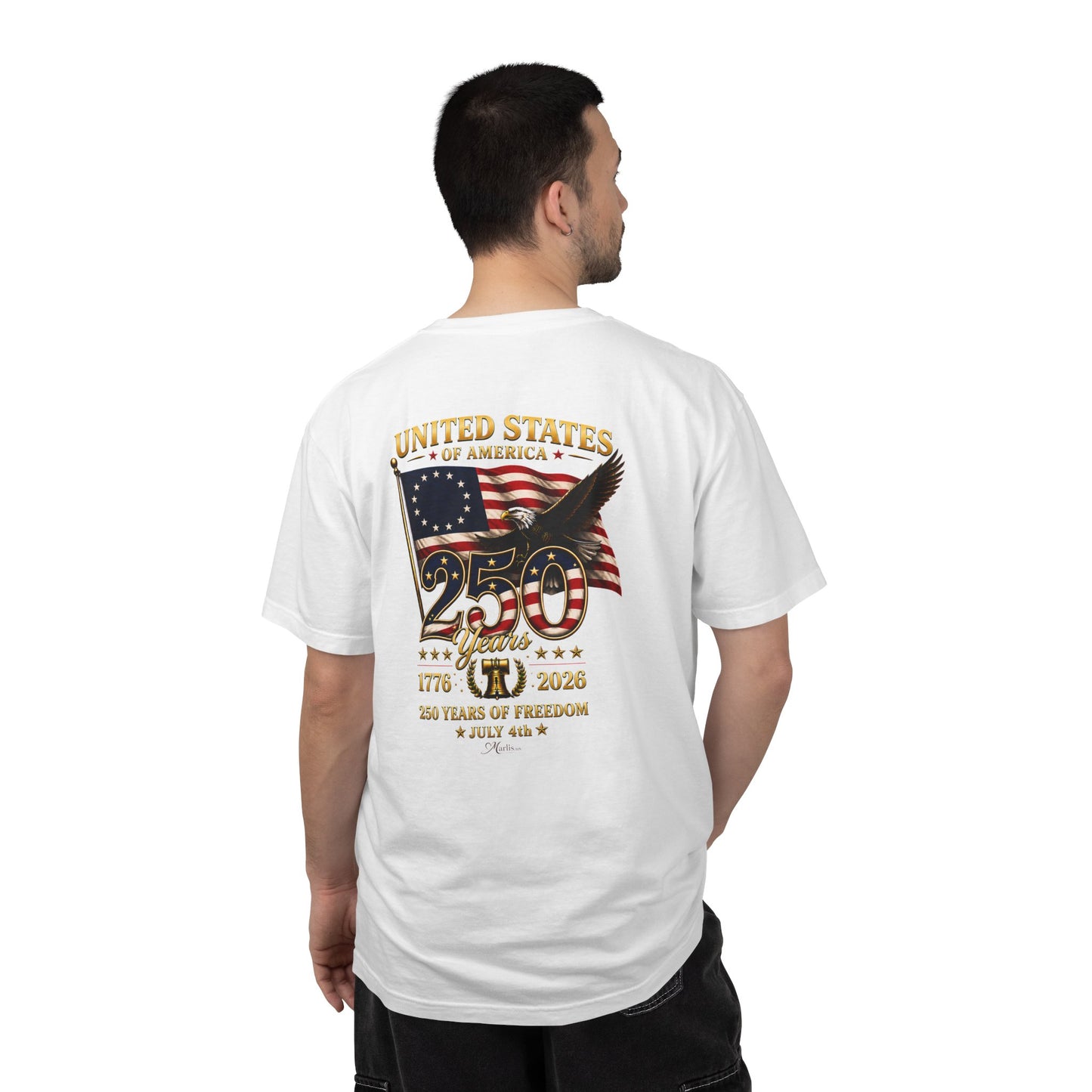 Betsy Ross Flag America 250 Years of Freedom Back & Left Chest Design Tee