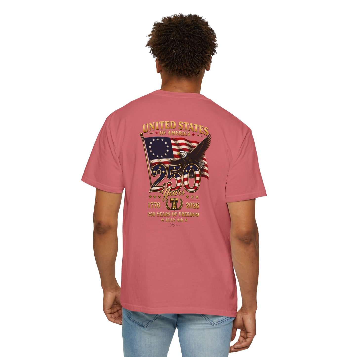 Betsy Ross Flag America 250 Years of Freedom Back & Left Chest Design Tee