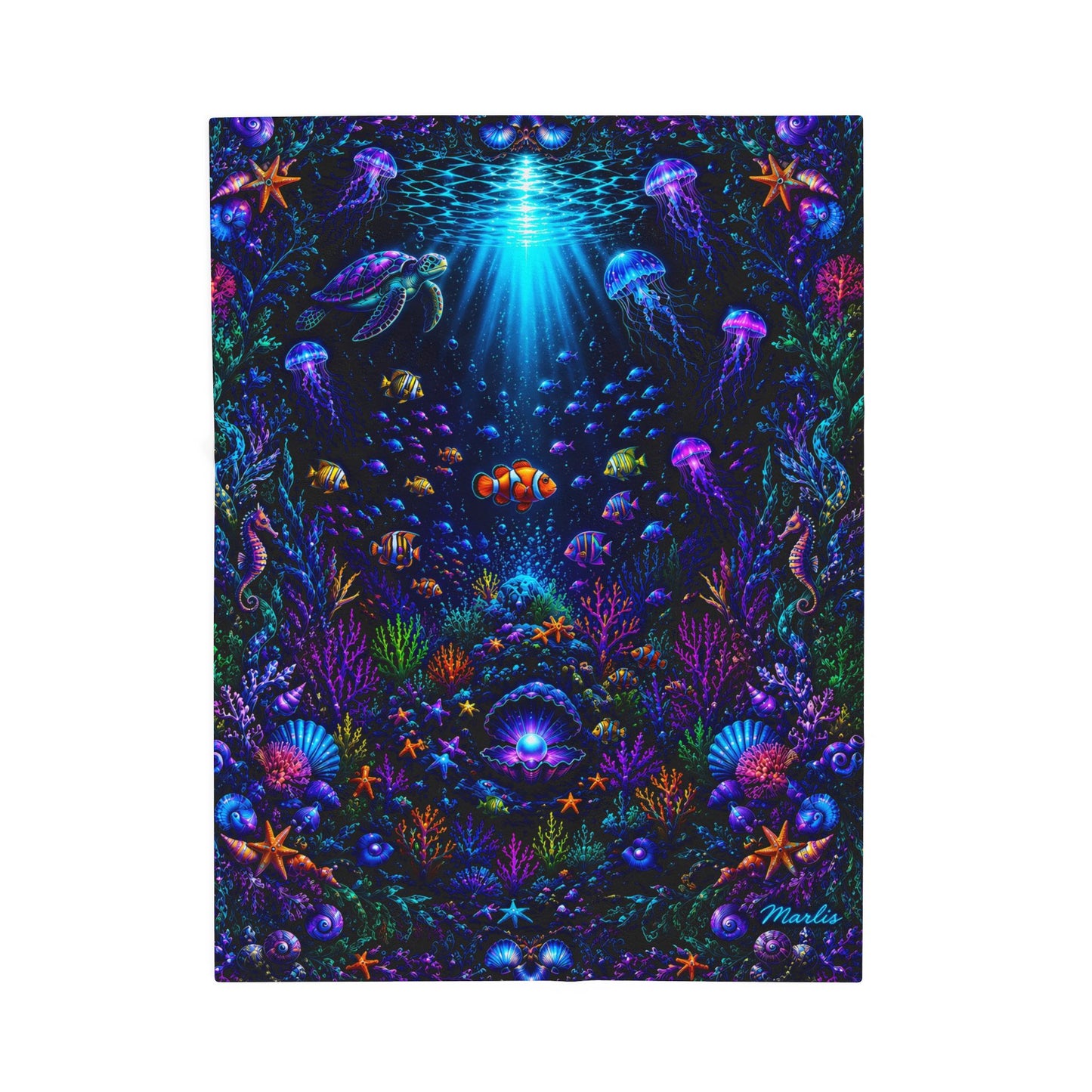 Oceanic Glow Nest Velveteen Plush Blanket — Underwater Jellyfish Reef Throw