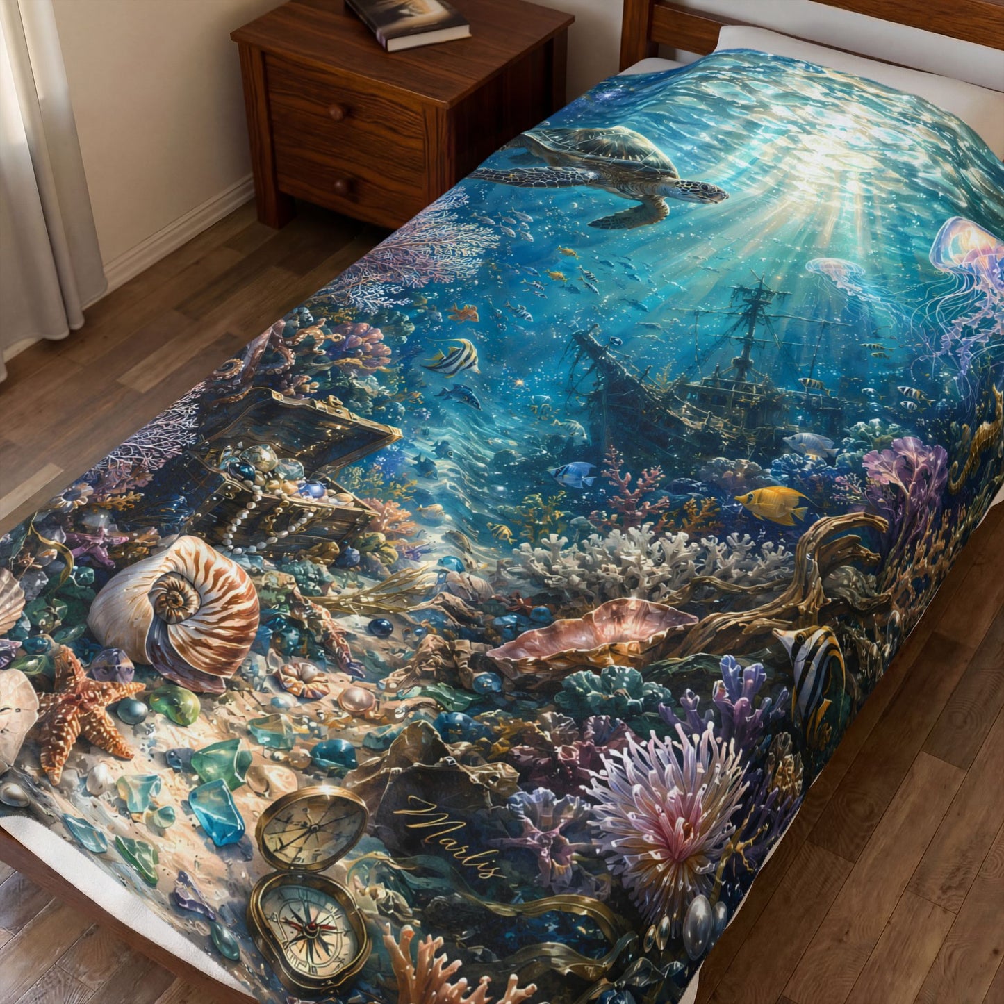 Underwater Treasure Nest Velveteen Blanket – Ocean Turtle & Sunken Ship Design