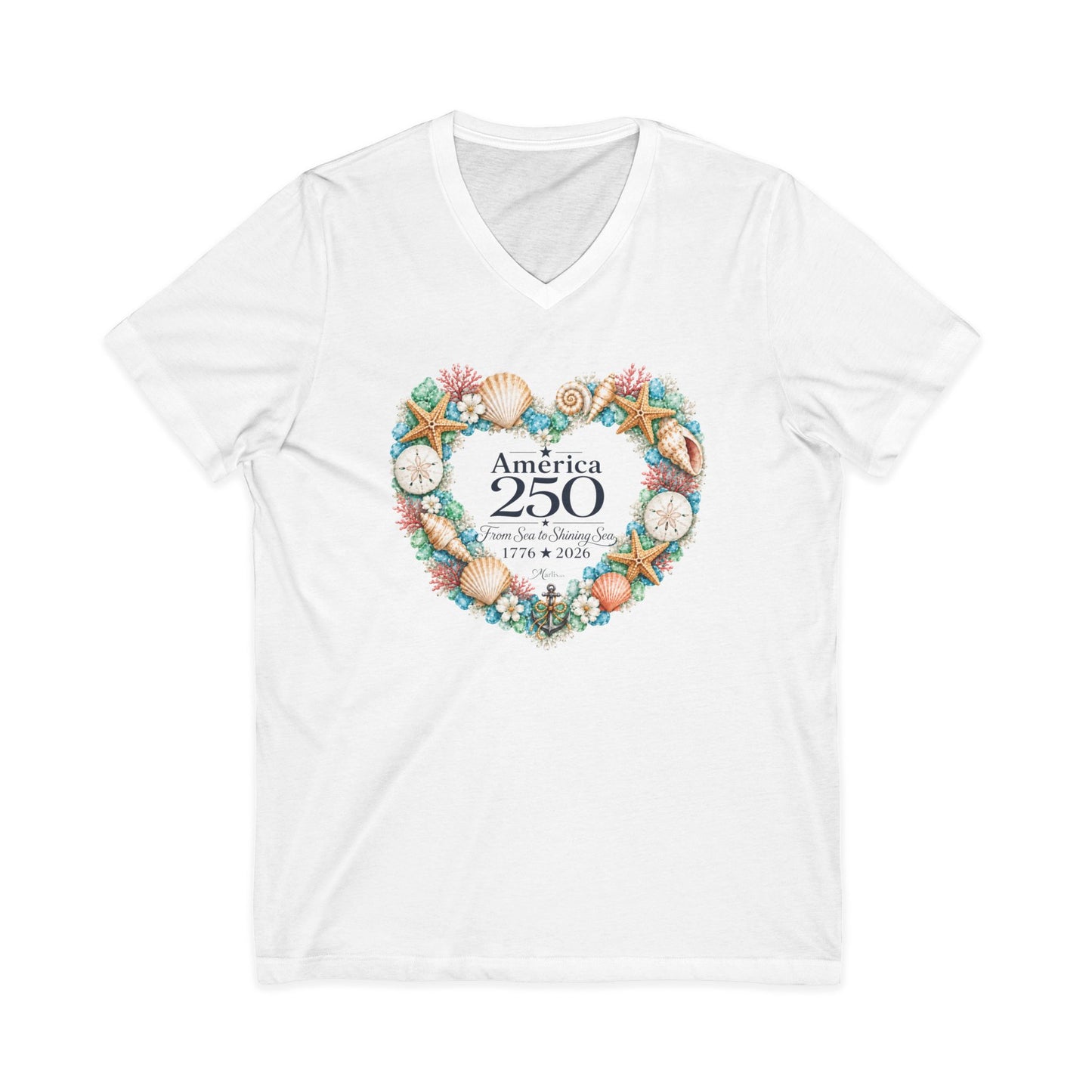 America 250 Coastal Heart Wreath V-Neck T-Shirt | Bella+Canvas Patriotic Women's Tee