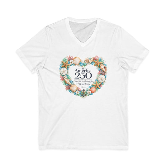 America 250 Coastal Heart Wreath V-Neck T-Shirt | Bella+Canvas Patriotic Women's Tee