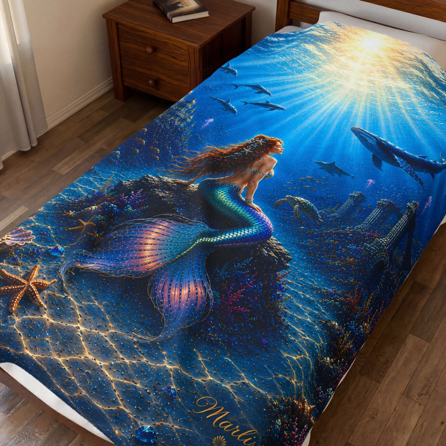 Fire Mermaid Undersea Velveteen Plush Blanket — Sunlit Ocean Fantasy Throw