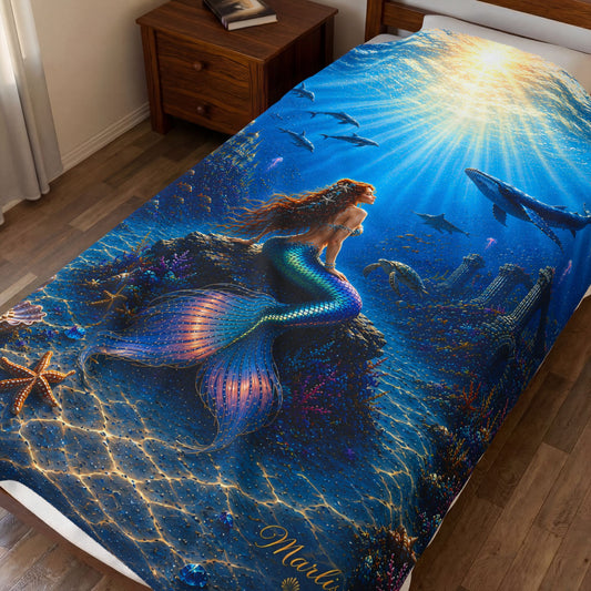Fire Mermaid Undersea Velveteen Plush Blanket — Sunlit Ocean Fantasy Throw