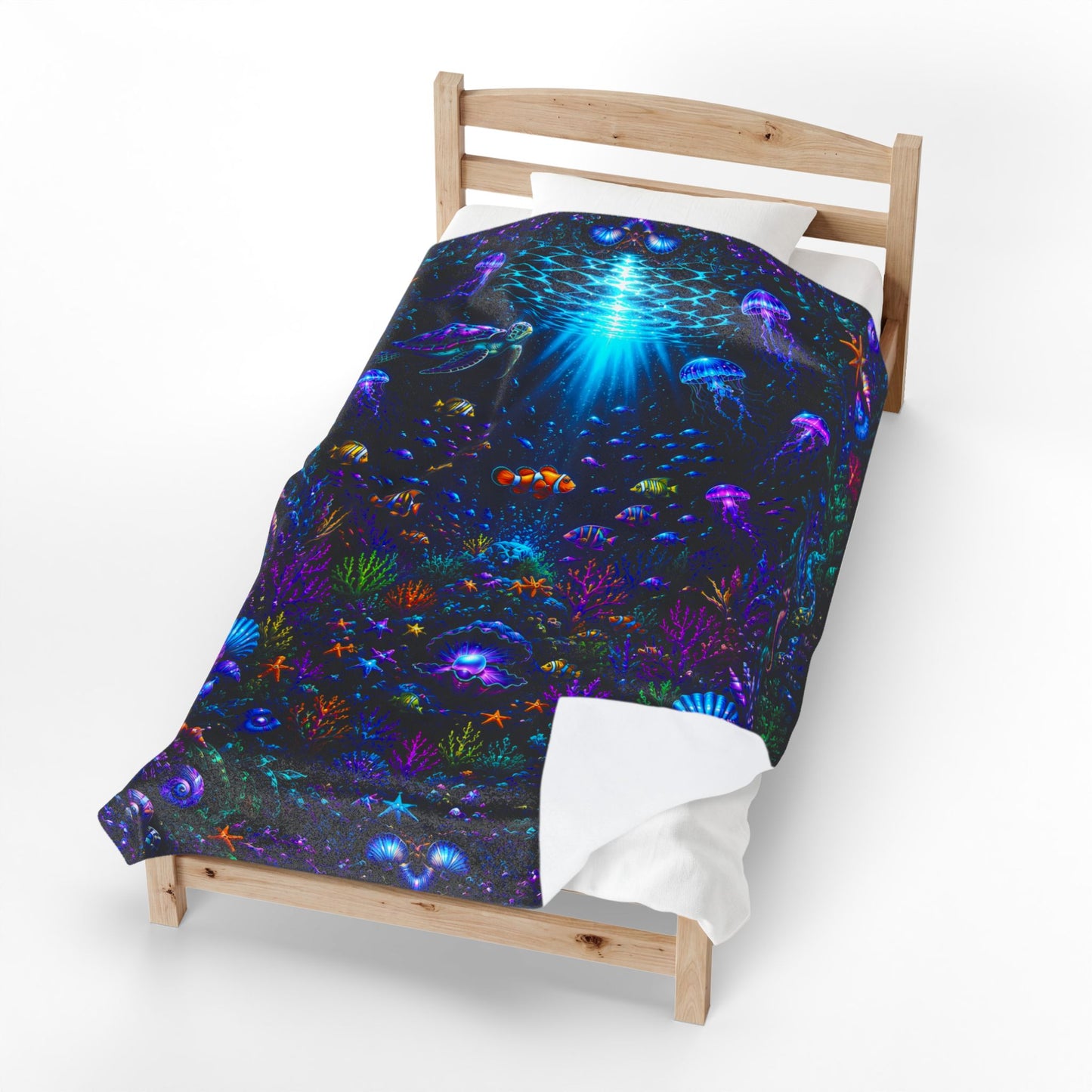 Oceanic Glow Nest Velveteen Plush Blanket — Underwater Jellyfish Reef Throw