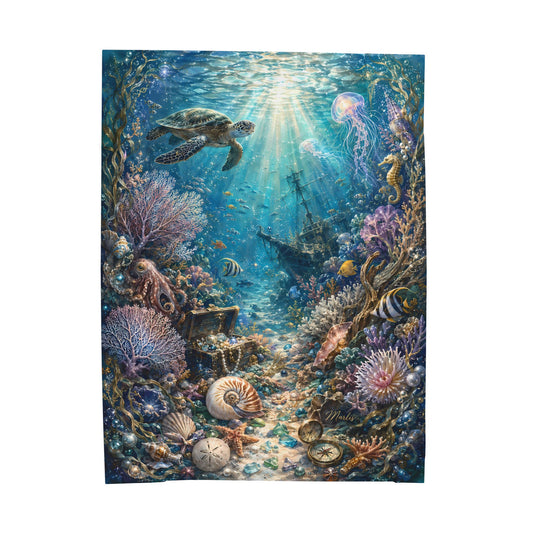 Underwater Treasure Nest Velveteen Blanket – Ocean Turtle & Sunken Ship Design
