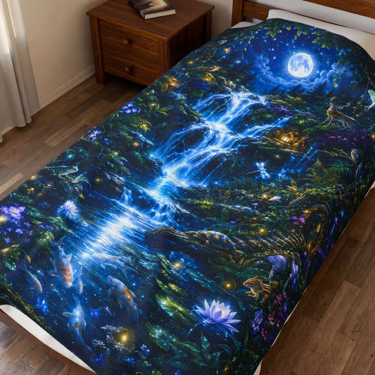 Mystical Moonlit Waterfall Nest Velveteen Plush Blanket
