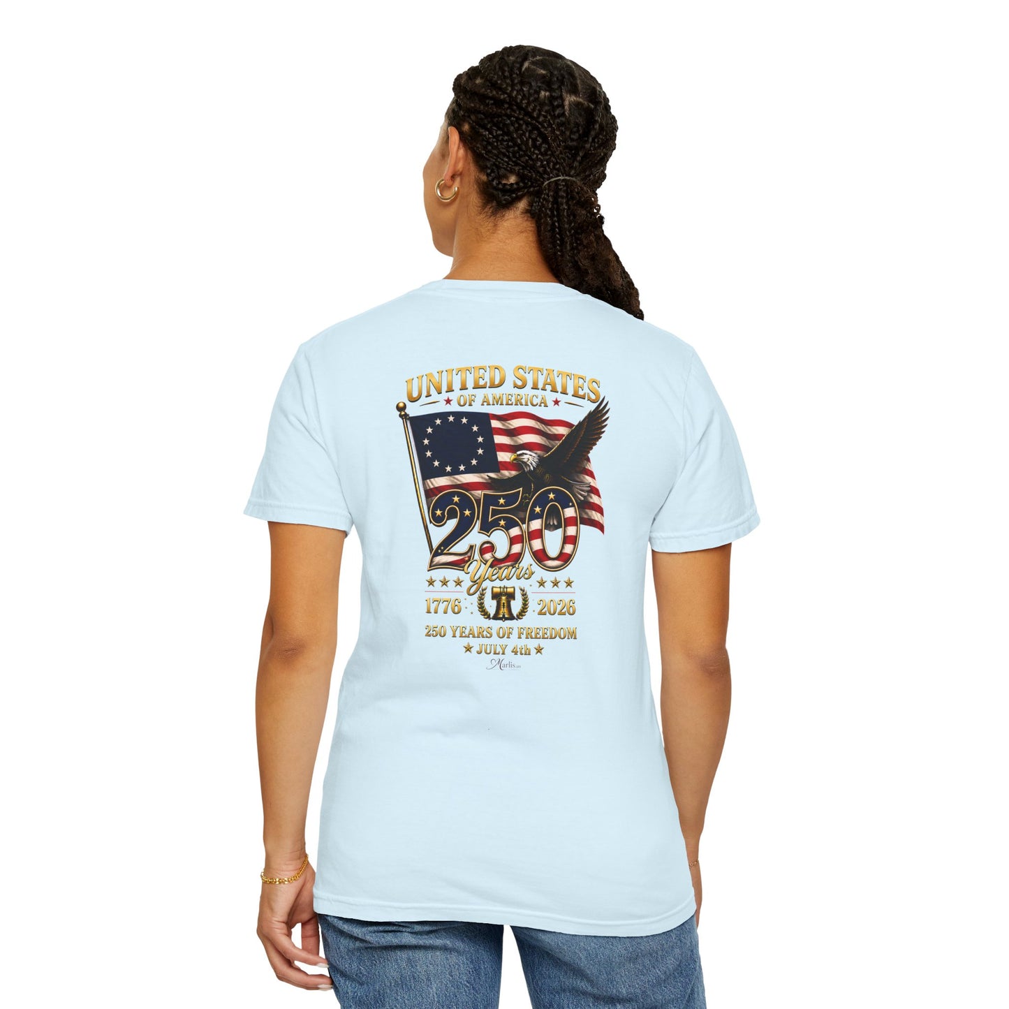 Betsy Ross Flag America 250 Years of Freedom Back & Left Chest Design Tee