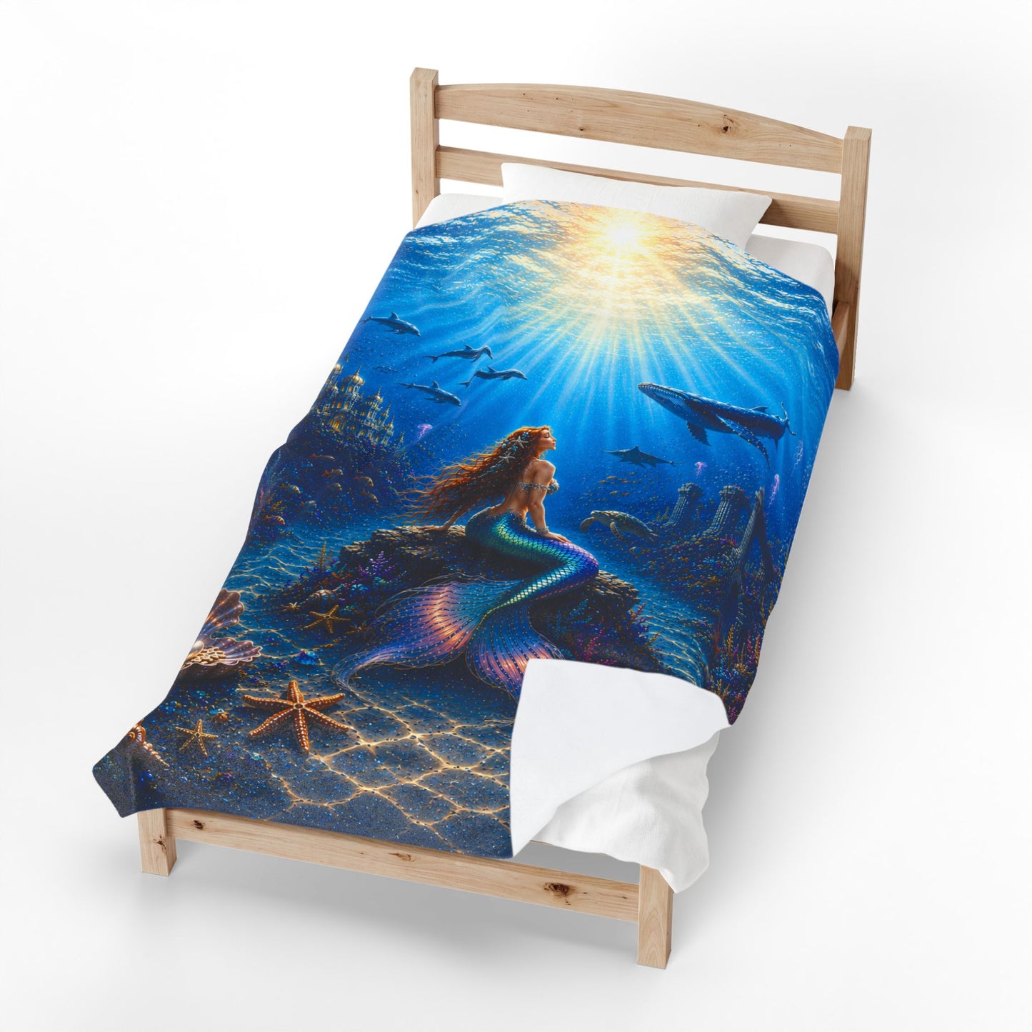 Fire Mermaid Undersea Velveteen Plush Blanket — Sunlit Ocean Fantasy Throw