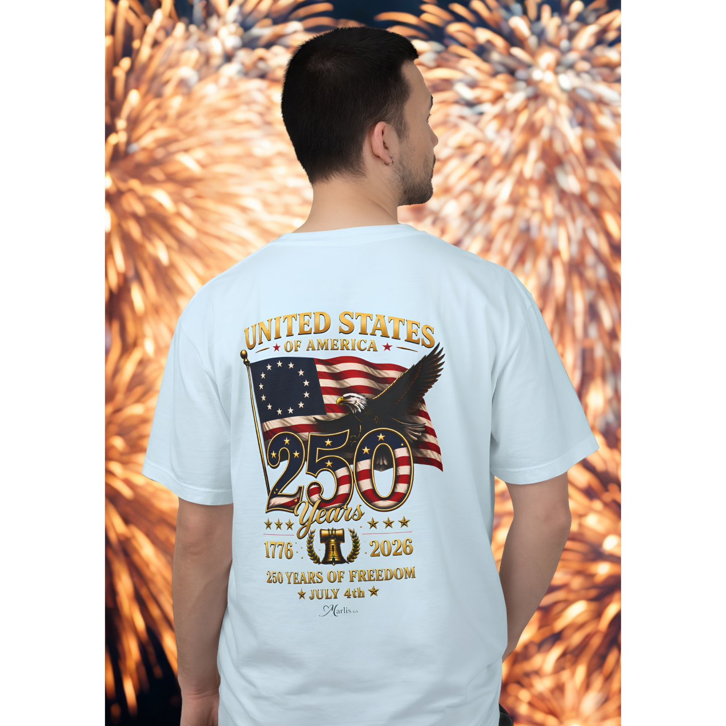 America 250 Betsy Ross Flag Back & Chest Design 1776-2026