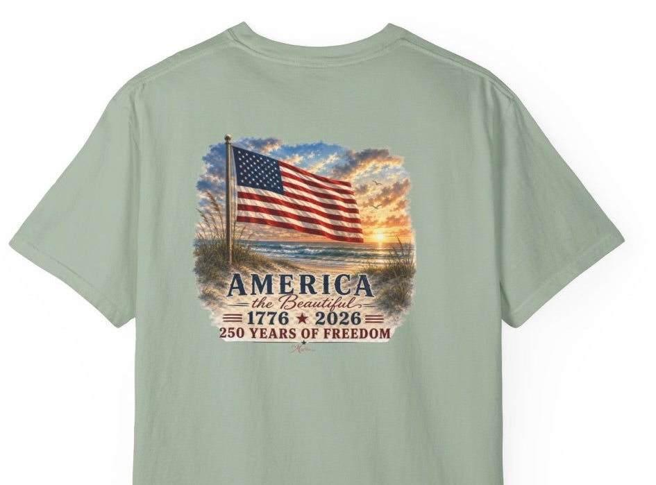 America the Beautiful T-Shirt | Comfort Colors® 1717 Patriotic Back & Chest Design Graphic Tee | USA 1776-2026