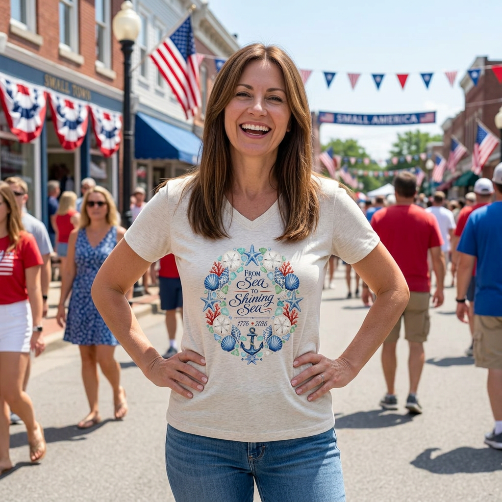America 250 From Sea to Shining Sea V-Neck Tee — Nautical Patriotic Women's Shirt