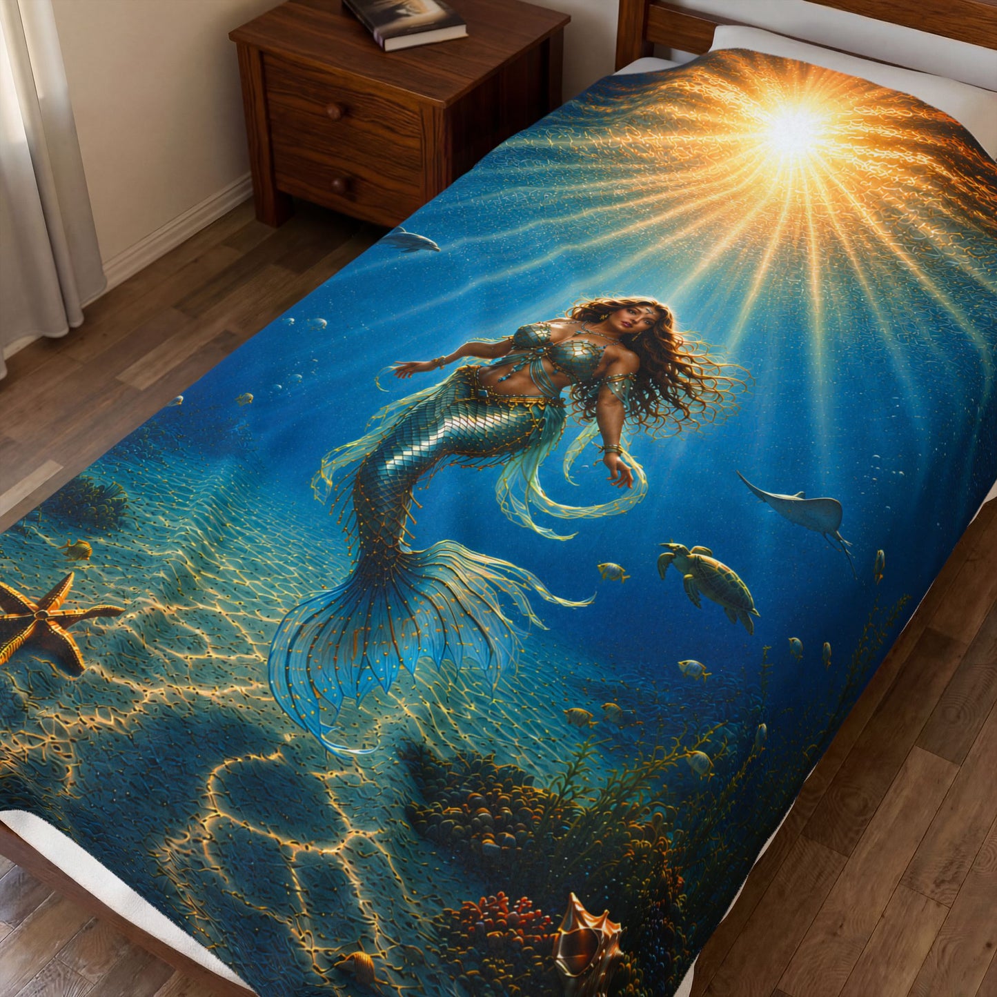 Sunrise Mermaid Velveteen Plush Blanket — Underwater Sunlit Ocean Scene