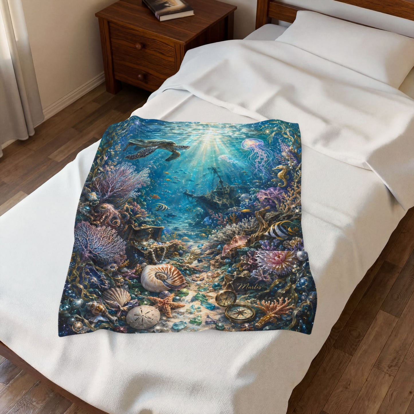 Underwater Treasure Nest Velveteen Blanket – Ocean Turtle & Sunken Ship Design