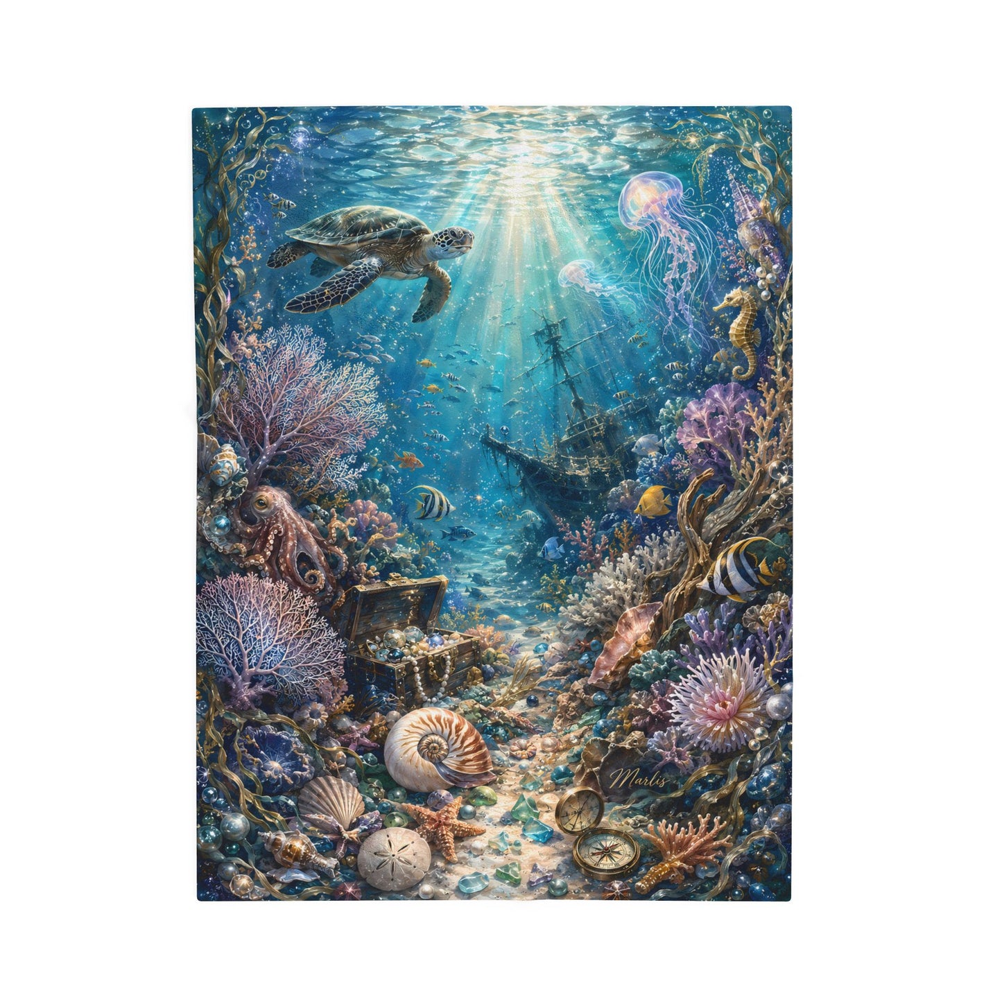 Underwater Treasure Nest Velveteen Blanket – Ocean Turtle & Sunken Ship Design