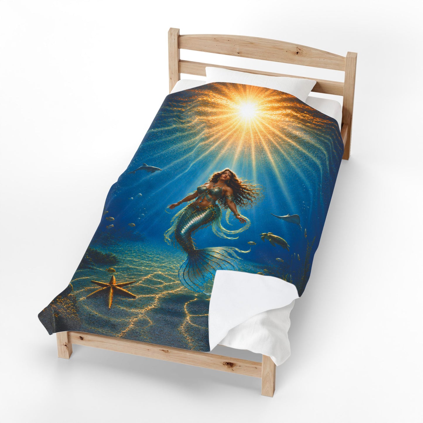 Sunrise Mermaid Velveteen Plush Blanket — Underwater Sunlit Ocean Scene