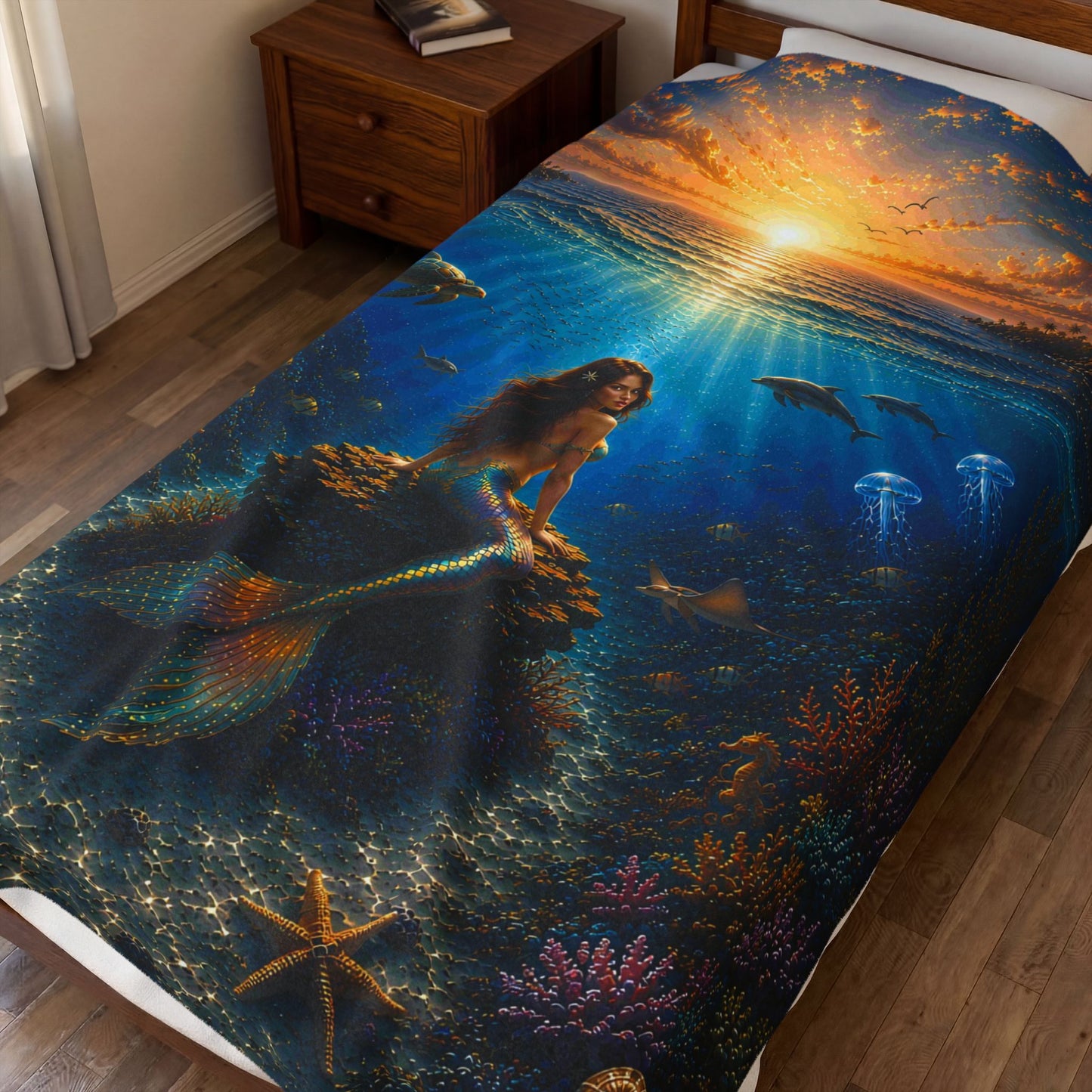 Sunset Silhouette Mermaid Oversized Velveteen Plush Blanket