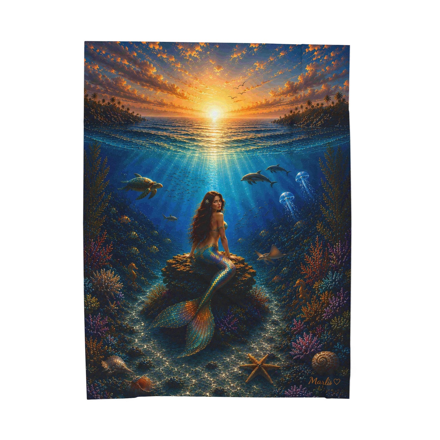 Sunset Silhouette Mermaid Oversized Velveteen Plush Blanket
