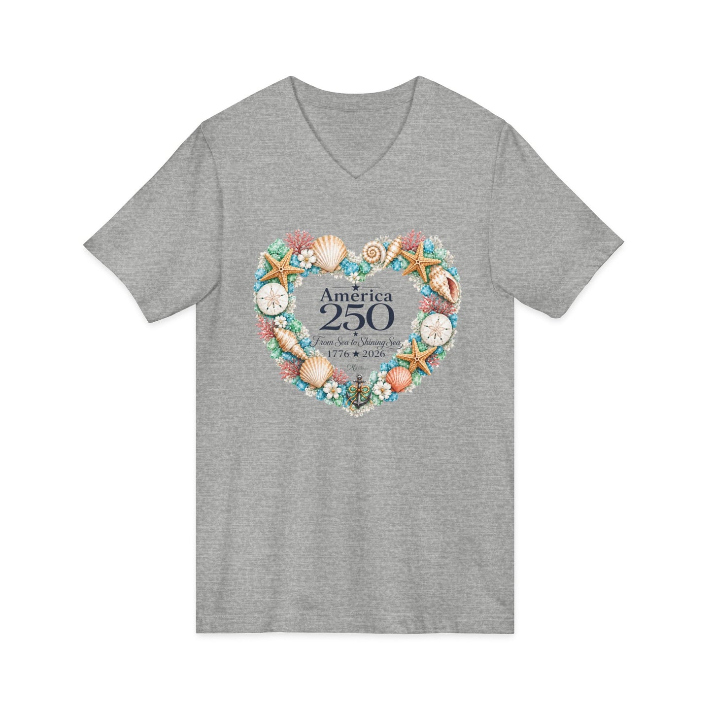 America 250 Coastal Heart Wreath V-Neck T-Shirt | Bella+Canvas Patriotic Women's Tee