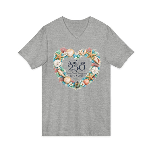America 250 Coastal Heart Wreath V-Neck T-Shirt | Bella+Canvas Patriotic Women's Tee
