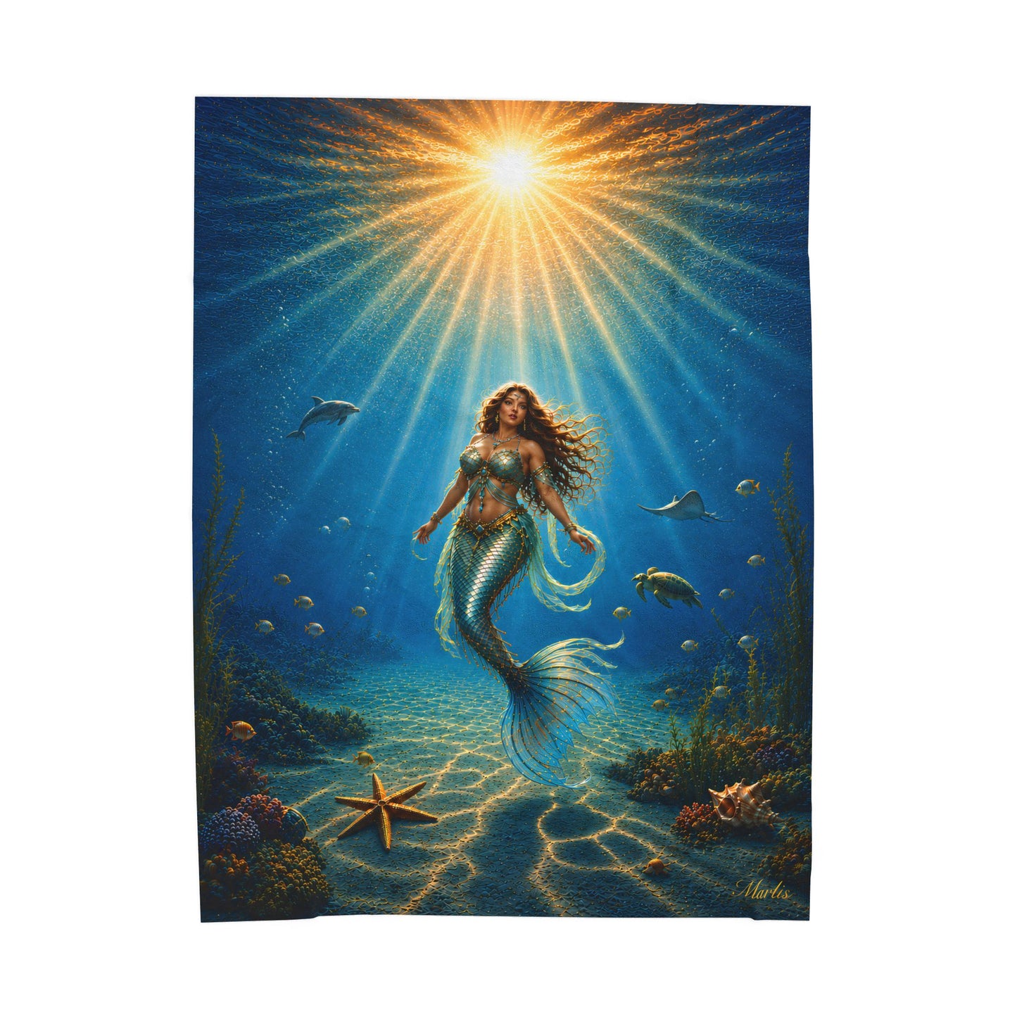 Sunrise Mermaid Velveteen Plush Blanket — Underwater Sunlit Ocean Scene