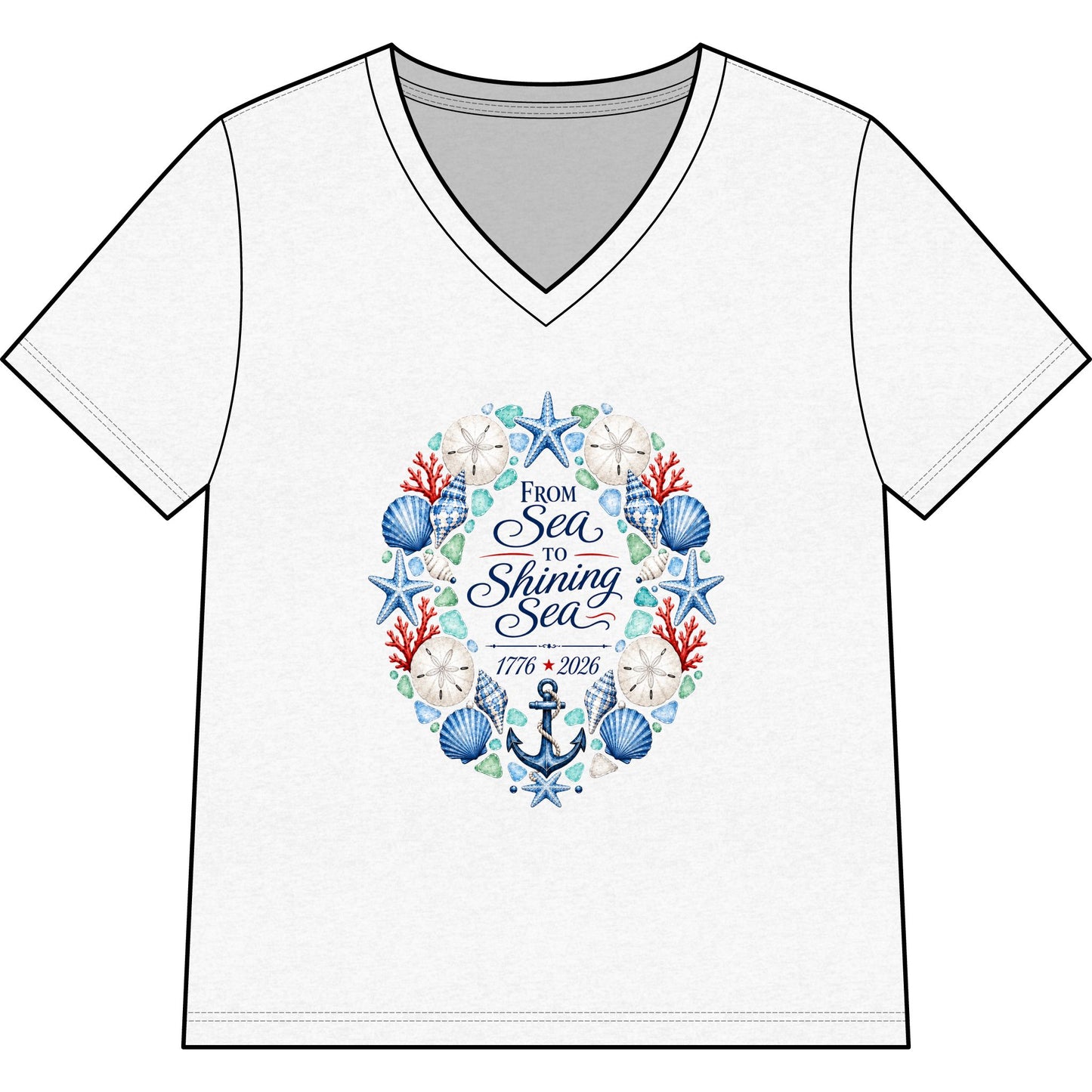America 250 From Sea to Shining Sea V-Neck Tee — Nautical Patriotic Women's Shirt