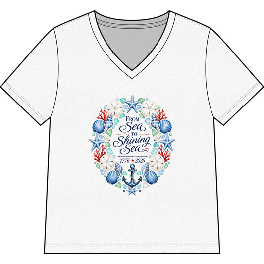 America 250 From Sea to Shining Sea V-Neck Tee — Nautical Patriotic Women's Shirt