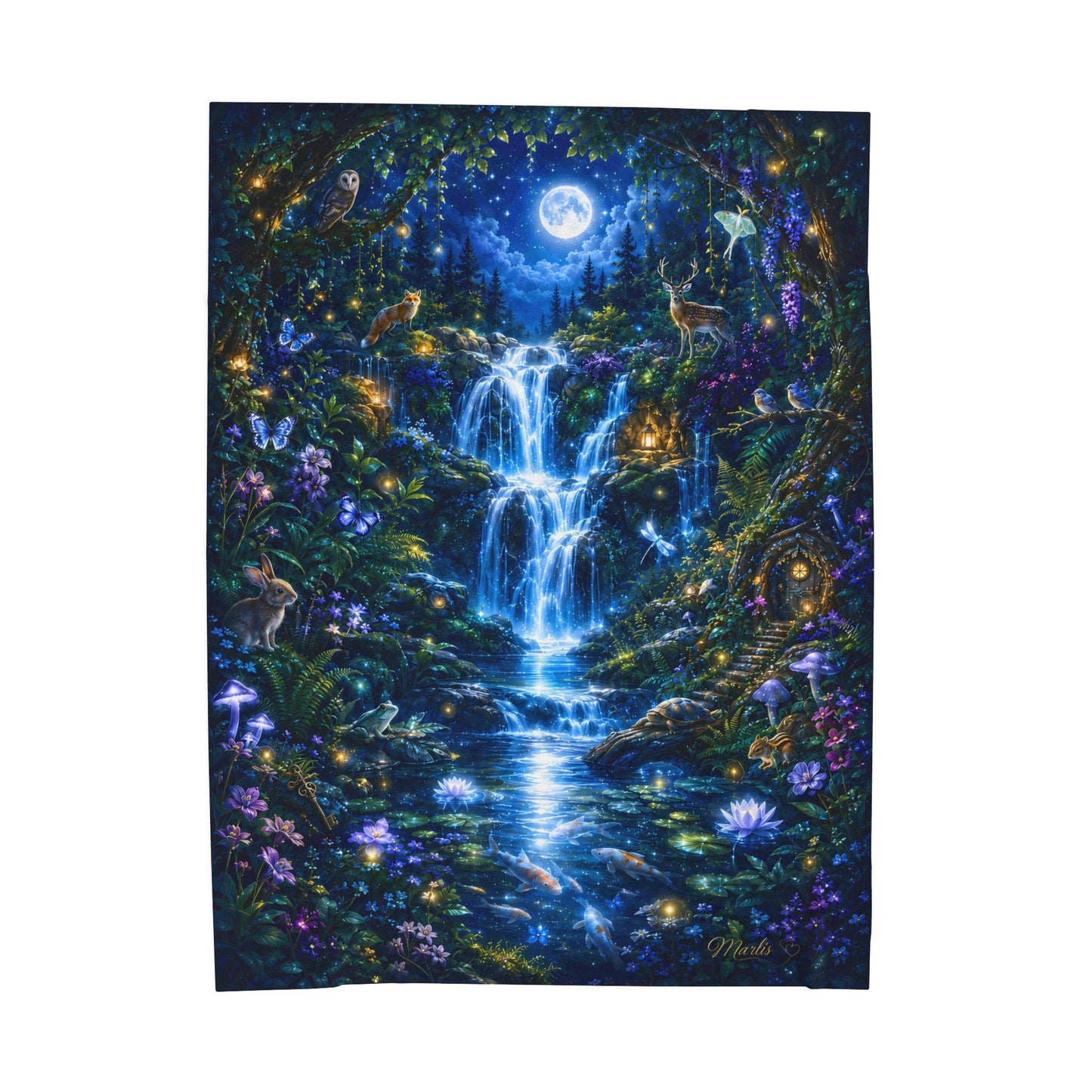 Mystical Moonlit Waterfall Nest Velveteen Plush Blanket